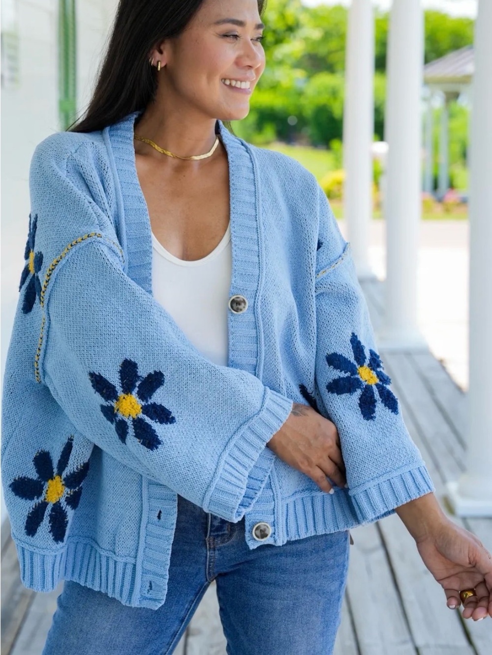 POL Oversized Light Blue Daisy Floral Knit Cardigan Sweater Small UST122 - Picture 1 of 10